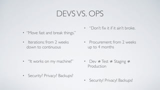 DEVSVS. OPS
• “Move fast and break things.”
• Iterations: from 2 weeks
down to continuous 
• “It works on my machine!” 
• Security? Privacy? Backups?
• “Don’t ﬁx it if it ain’t broke. 
• Procurement: from 2 weeks
up to 4 months 
• Dev ≠Test ≠ Staging ≠
Production 
• Security! Privacy! Backups!
 
