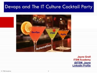 2© ITSM Academy
Devops and The IT Culture Cocktail Party
DevOps ITSM Agile
Jayne Groll
ITSM Academy
@ITSM_Jayne
LinkedIn Profile
 
