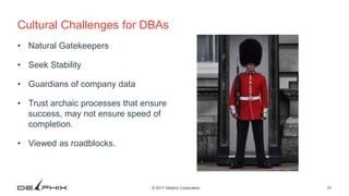 31© 2017 Delphix Corporation
Cultural Challenges for DBAs
• Natural Gatekeepers
• Seek Stability
• Guardians of company data
• Trust archaic processes that ensure
success, may not ensure speed of
completion.
• Viewed as roadblocks.
 