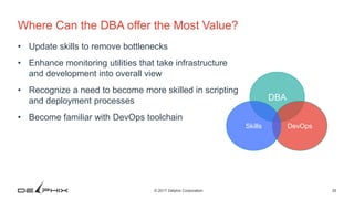 35© 2017 Delphix Corporation
Where Can the DBA offer the Most Value?
• Update skills to remove bottlenecks
• Enhance monitoring utilities that take infrastructure
and development into overall view
• Recognize a need to become more skilled in scripting
and deployment processes
• Become familiar with DevOps toolchain
DBA
DevOpsSkills
 