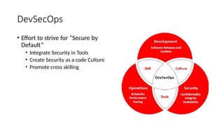 DevSecOps
• Effort to strive for “Secure by
Default”
• Integrate Security in Tools
• Create Security as a code Culture
• Promote cross skilling
 