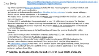 Case Study
Top defense contractor Booz Allen Hamilton leaks 60,000 files, including employee security credentials and
passwords to a US government system.
Verizon partner leaks personal records of over 14 million Verizon customers, including names, addresses,
account details, and for some victims — account PINs.
An AWS S3 server leaked the personal details of WWE fans who registered on the company's sites. 3,065,805
users were exposed.
Another AWS S3 bucket leaked the personal details of over 198 million American voters. The database
contained information from three data mining companies known to be associated with the Republican Party.
Another S3 database left exposed only leaked the personal details of job applications that had Top Secret
government clearance.
Dow Jones, the parent company of the Wall Street Journal, leaked the personal details of 2.2 million
customers.
Omaha-based voting machine firm Election Systems & Software (ES&S) left a database exposed online that
contained the personal records of 1.8 million Chicago voters.
Security researchers discovered a Verizon AWS S3 bucket containing over 100 MB of data about the
company's internal system named Distributed Vision Services (DVS), used for billing operations.
An auto-tracking company leaked over a half of a million records with logins/passwords, emails, VIN (vehicle
identification number), IMEI numbers of GPS devices and other data that is collected on their devices,
customers and auto dealerships.
Prevention: Continuous monitoring and review of cloud assets and config
https://www.bleepingcomputer.com/news/security/7-percent-of-all-amazon-s3-servers-are-e
xposed-explaining-recent-surge-of-data-leaks/
 
