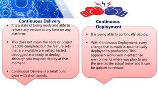  It is a state of being ready and able to
release any version at any time on any
platform.
 This does not mean the code or project
is 100% complete, but the feature sets
that are available are vetted, tested,
debugged and ready to deploy,
although you may not deploy at that
moment.
 Continuous Delivery is a small build
cycle with short sprints.
 It is being able to continually deploy.
 With Continuous Deployment, every
change that is made is automatically
deployed to production. This
approach works well in enterprise
environments where you plan to use
the user as the actual tester and it can
be quicker to release.
Continuous Delivery Continuous
Deployment
 