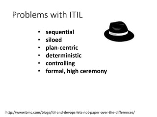 Problems with ITIL
http://www.bmc.com/blogs/itil-and-devops-lets-not-paper-over-the-differences/
• sequential
• siloed
• plan-centric
• deterministic
• controlling
• formal, high ceremony
 
