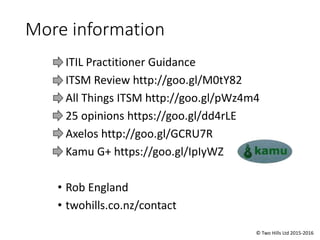 More information
• ITIL Practitioner Guidance
• ITSM Review http://goo.gl/M0tY82
• All Things ITSM http://goo.gl/pWz4m4
• 25 opinions https://goo.gl/dd4rLE
• Axelos http://goo.gl/GCRU7R
• Kamu G+ https://goo.gl/IpIyWZ
• Rob England
• twohills.co.nz/contact
© Two Hills Ltd 2015-2016
 