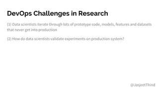 DevOps Challenges in Research
(1) Data scientists iterate through lots of prototype code, models, features and datasets
that never get into production
(2) How do data scientists validate experiments on production system?
@JasjeetThind
 