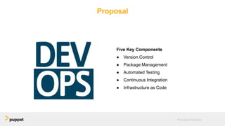 Proposal
Five Key Components
● Version Control
● Package Management
● Automated Testing
● Continuous Integration
● Infrastructure as Code
Practical DevOps
 