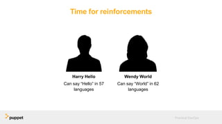 Time for reinforcements
Harry Hello
Can say “Hello” in 57
languages
Wendy World
Can say “World” in 62
languages
Practical DevOps
 