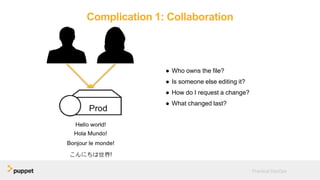 Complication 1: Collaboration
● Who owns the file?
● Is someone else editing it?
● How do I request a change?
● What changed last?
Practical DevOps
 