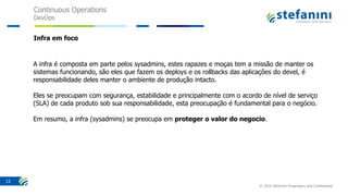 Continuous Operations
DevOps
© 2016 Stefanini Proprietary and Confidential
12
Infra em foco
A infra é composta em parte pelos sysadmins, estes rapazes e moças tem a missão de manter os
sistemas funcionando, são eles que fazem os deploys e os rollbacks das aplicações do devel, é
responsabilidade deles manter o ambiente de produção intacto.
Eles se preocupam com segurança, estabilidade e principalmente com o acordo de nível de serviço
(SLA) de cada produto sob sua responsabilidade, esta preocupação é fundamental para o negócio.
Em resumo, a infra (sysadmins) se preocupa em proteger o valor do negocio.
 