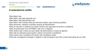 Continuous Operations
DevOps
© 2016 Stefanini Proprietary and Confidential
23
O combustível do conflito
•Eles falam não
•Eles falam não pela segunda vez
•Eles falam não pela terceira vez
•Eles falam não o tempo todo por diversas razões, para diversos pedidos
•Eles demoram, atrasam e perdem prazos de atendimento
•Eles se recusam a quebrar as coisas mesmo que seja para encontrar o problema
•Eles se preocupam com UPTIME e não com o negócio
•Eles acham que o devel só quer saber de perfumarias e coisas do gênero
•Eles não se esforçam para ajudar o devel a encontrar o problema
•Eles acham que o problema do devel não é problema deles
•Eles não conseguem enxergar o negócio e não enxergam que infra e devel são parte de um todo
 