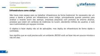 Continuous Operations
DevOps
© 2016 Stefanini Proprietary and Confidential
29
Infraestrutura como código
Não havia mais espaço para se trabalhar infraestrutura da forma tradicional, foi necessário dar um
passo a diante e pensar em infraestrutura como código, principalmente quando paramos para
analisar o recente boom das startups, empresas pequenas com produtos de enorme alcance,
produtos que rodam em centenas de instâncias na nuvem, atendendo milhões de usuários, e tudo
isso é administrado por equipes mínimas.
O objetivo é fazer deploy não só de aplicações, mas deploy de infraestrutura de forma rápida e
controlada.
Isso significa que se você precisa subir um ambiente JBOSS você vai fazer isto em poucos minutos e
não em dias.
 