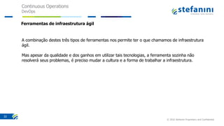 Continuous Operations
DevOps
© 2016 Stefanini Proprietary and Confidential
32
Ferramentas de infraestrutura ágil
A combinação destes três tipos de ferramentas nos permite ter o que chamamos de infraestrutura
ágil.
Mas apesar da qualidade e dos ganhos em utilizar tais tecnologias, a ferramenta sozinha não
resolverá seus problemas, é preciso mudar a cultura e a forma de trabalhar a infraestrutura.
 