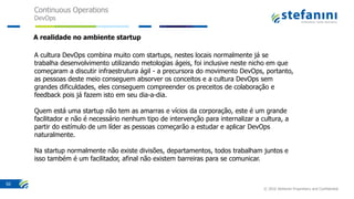 Continuous Operations
DevOps
© 2016 Stefanini Proprietary and Confidential
50
A cultura DevOps combina muito com startups, nestes locais normalmente já se
trabalha desenvolvimento utilizando metologias ágeis, foi inclusive neste nicho em que
começaram a discutir infraestrutura ágil - a precursora do movimento DevOps, portanto,
as pessoas deste meio conseguem absorver os conceitos e a cultura DevOps sem
grandes dificuldades, eles conseguem compreender os preceitos de colaboração e
feedback pois já fazem isto em seu dia-a-dia.
Quem está uma startup não tem as amarras e vícios da corporação, este é um grande
facilitador e não é necessário nenhum tipo de intervenção para internalizar a cultura, a
partir do estímulo de um líder as pessoas começarão a estudar e aplicar DevOps
naturalmente.
Na startup normalmente não existe divisões, departamentos, todos trabalham juntos e
isso também é um facilitador, afinal não existem barreiras para se comunicar.
A realidade no ambiente startup
 