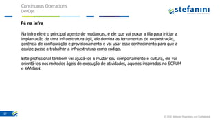 Continuous Operations
DevOps
© 2016 Stefanini Proprietary and Confidential
57
Na infra ele é o principal agente de mudanças, é ele que vai puxar a fila para iniciar a
implantação de uma infraestrutura ágil, ele domina as ferramentas de orquestração,
gerência de configuração e provisionamento e vai usar esse conhecimento para que a
equipe passe a trabalhar a infraestrutura como código.
Este profissional também vai ajudá-los a mudar seu comportamento e cultura, ele vai
orientá-los nos métodos ágeis de execução de atividades, aqueles inspirados no SCRUM
e KANBAN.
Pé na infra
 