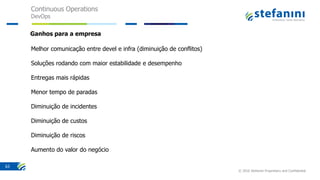 Continuous Operations
DevOps
© 2016 Stefanini Proprietary and Confidential
63
Melhor comunicação entre devel e infra (diminuição de conflitos)
Soluções rodando com maior estabilidade e desempenho
Entregas mais rápidas
Menor tempo de paradas
Diminuição de incidentes
Diminuição de custos
Diminuição de riscos
Aumento do valor do negócio
Ganhos para a empresa
 