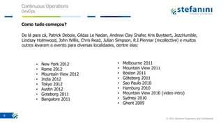 Continuous Operations
DevOps
© 2016 Stefanini Proprietary and Confidential
8
Como tudo começou?
De lá para cá, Patrick Debois, Gildas Le Nadan, Andrew Clay Shafer, Kris Buytaert, JezzHumble,
Lindsay Holmwood, John Willis, Chris Read, Julian Simpson, R.I.Piennar (mcollective) e muitos
outros levaram o evento para diversas localidades, dentre elas:
• New York 2012
• Rome 2012
• Mountain View 2012
• India 2012
• Tokyo 2012
• Austin 2012
• Goteborg 2011
• Bangalore 2011
• Melbourne 2011
• Mountain View 2011
• Boston 2011
• Göteborg 2011
• Sao Paulo 2010
• Hamburg 2010
• Mountain View 2010 (video intro)
• Sydney 2010
• Ghent 2009
 