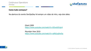 Continuous Operations
DevOps
© 2016 Stefanini Proprietary and Confidential
9
Como tudo começou?
Na abertura do evento DevOpsDay há sempre um vídeo de intro, veja dois deles:
Ghent 2009
https://www.youtube.com/watch?v=EOveXZhJpr4
Mountain View 2010
https://www.youtube.com/watch?v=a0N2ugDwi5g
 