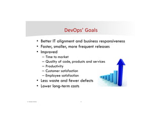 3© DevOps Institute
• Better IT alignment and business responsiveness
• Faster, smaller, more frequent releases
• Improved
– Time to market
– Quality of code, products and services
– Productivity
– Customer satisfaction
– Employee satisfaction
• Less waste and fewer defects
• Lower long-term costs
 
