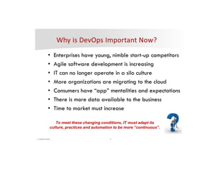 5© DevOps Institute
• Enterprises have young, nimble start-up competitors
• Agile software development is increasing
• IT can no longer operate in a silo culture
• More organizations are migrating to the cloud
• Consumers have “app” mentalities and expectations
• There is more data available to the business
• Time to market must increase
To meet these changing conditions, IT must adapt its
culture, practices and automation to be more “continuous”.
 