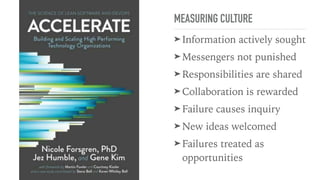 MEASURING CULTURE
➤ Information actively sought
➤ Messengers not punished
➤ Responsibilities are shared
➤ Collaboration is rewarded
➤ Failure causes inquiry
➤ New ideas welcomed
➤ Failures treated as
opportunities
 