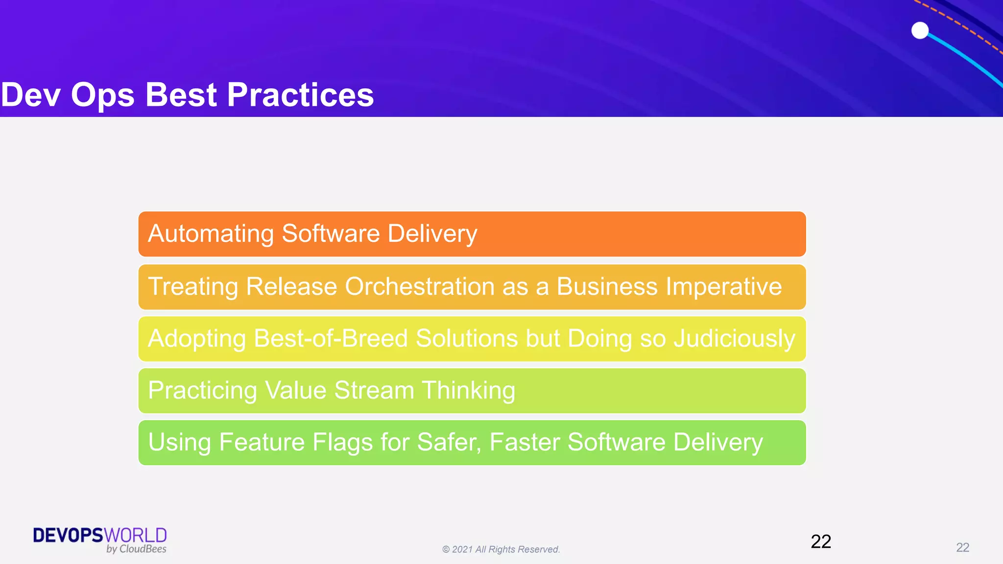 © 2021 All Rights Reserved. 22
Dev Ops Best Practices
22
Automating Software Delivery
Treating Release Orchestration as a Business Imperative
Adopting Best-of-Breed Solutions but Doing so Judiciously
Practicing Value Stream Thinking
Using Feature Flags for Safer, Faster Software Delivery
 