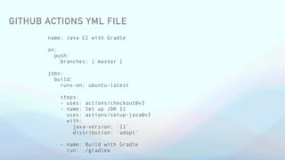name: Java CI with Gradle
on:
push:
branches: [ master ]
jobs:
build:
runs-on: ubuntu-latest
steps:
- uses: actions/checkout@v3
- name: Set up JDK 11
uses: actions/setup-java@v3
with:
java-version: '11'
distribution: 'adopt'
- name: Build with Gradle
run: ./gradlew
GITHUB ACTIONS YML FILE
 