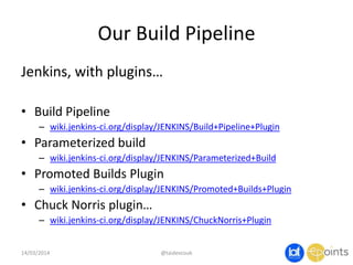 Our Build Pipeline
Jenkins, with plugins…
• Build Pipeline
– wiki.jenkins-ci.org/display/JENKINS/Build+Pipeline+Plugin
• Parameterized build
– wiki.jenkins-ci.org/display/JENKINS/Parameterized+Build
• Promoted Builds Plugin
– wiki.jenkins-ci.org/display/JENKINS/Promoted+Builds+Plugin
• Chuck Norris plugin…
– wiki.jenkins-ci.org/display/JENKINS/ChuckNorris+Plugin
14/03/2014 @taidevcouk
 