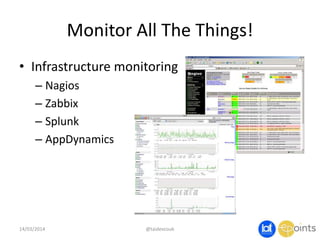 Monitor All The Things!
• Infrastructure monitoring
– Nagios
– Zabbix
– Splunk
– AppDynamics
14/03/2014 @taidevcouk
 