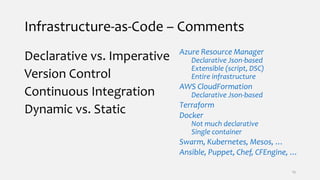 Infrastructure-as-Code – Comments
Declarative vs. Imperative
Version Control
Continuous Integration
Dynamic vs. Static
Azure Resource Manager
Declarative Json-based
Extensible (script, DSC)
Entire infrastructure
AWS CloudFormation
Declarative Json-based
Terraform
Docker
Not much declarative
Single container
Swarm, Kubernetes, Mesos, …
Ansible, Puppet, Chef, CFEngine, …
19
 