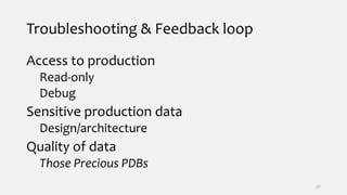 Troubleshooting & Feedback loop
Access to production
Read-only
Debug
Sensitive production data
Design/architecture
Quality of data
Those Precious PDBs
30
 