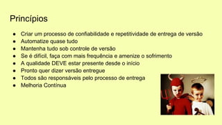 Princípios
● Criar um processo de confiabilidade e repetitividade de entrega de versão
● Automatize quase tudo
● Mantenha tudo sob controle de versão
● Se é difícil, faça com mais frequência e amenize o sofrimento
● A qualidade DEVE estar presente desde o início
● Pronto quer dizer versão entregue
● Todos são responsáveis pelo processo de entrega
● Melhoria Contínua
 