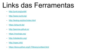 Links das Ferramentas
- http://junit.org/junit4/
- http://www.nunit.org/
- http://testng.org/doc/index.html
- https://phpunit.de/
- http://jasmine.github.io/
- https://mochajs.org/
- http://robolectric.org/
- http://rspec.info/
- https://docs.python.org/2.7/library/unittest.html
 