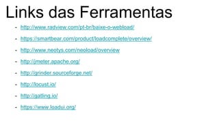 Links das Ferramentas
- http://www.radview.com/pt-br/baixe-o-webload/
- https://smartbear.com/product/loadcomplete/overview/
- http://www.neotys.com/neoload/overview
- http://jmeter.apache.org/
- http://grinder.sourceforge.net/
- http://locust.io/
- http://gatling.io/
- https://www.loadui.org/
 