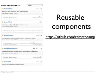 Reusable
                             components
                          https://github.com/camptocamp




Monday 14 February 2011
 