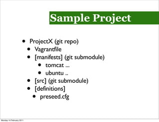 Sample Project

                     •    ProjectX (git repo)
                          • Vagrantfile
                          • [manifests] (git submodule)
                                  •
                                 tomcat ...
                                  •
                                 ubuntu ..
                          • [src] (git submodule)
                          • [definitions]
                              •
                              preseed.cfg


Monday 14 February 2011
 