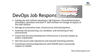 DevOps Job Responsibilities
 Collaborate with software developers, QA Engineers, Cloud Administrators
(CloudOps), operations and other IT staff members to manage all aspects of
the code releases.
 Manage all automation tools, infrastructure and build pipelines.
 Automate the provisioning, run, teardown, and monitoring of new
environments
 Ensure that all critical development infrastructure is secured, backed up
and/or snapshotted
 Own the source code repositories and requisite branching activities
 Coordinates technical dependencies with SCRUM teams and provide
support as needed
https://www.apponix.com
 