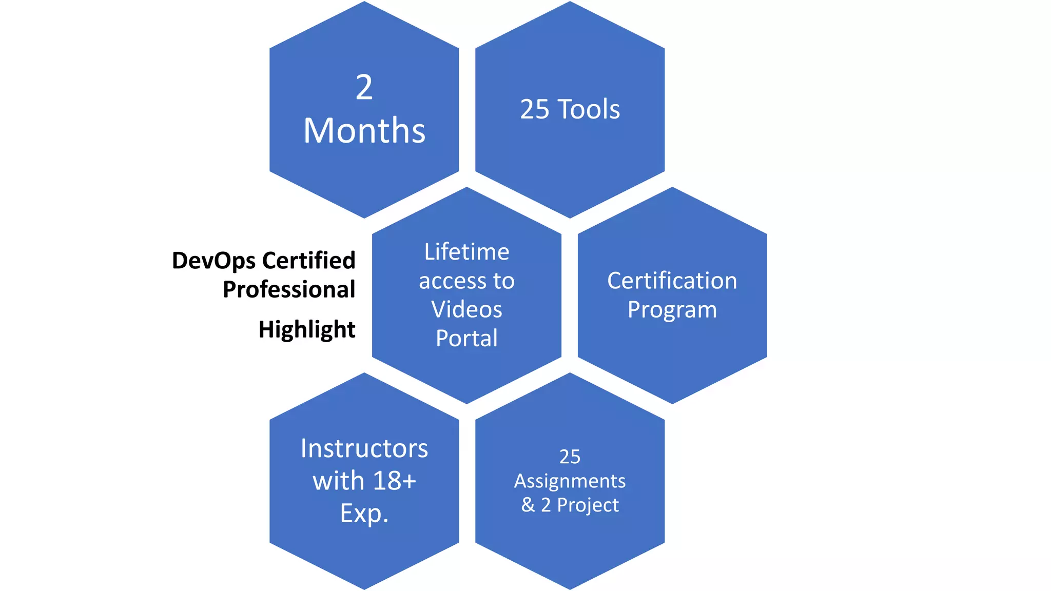 25 Tools
2
Months
Lifetime
access to
Videos
Portal
DevOps Certified
Professional
Highlight
Certification
Program
25
Assignments
& 2 Project
Instructors
with 18+
Exp.
 