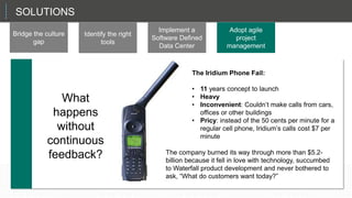 SOLUTIONS
Bridge the culture
gap
Identify the right
tools
Implement a
Software Defined
Data Center
Adopt agile
project
management
Worse, Iridium’s cell phone couldn’t make calls from cars, offices or other buildings since phones had to be
used outdoors with a line-of-sight connection to the satellites. But the nail in the coffin was price. Instead of the
50 cents per minute for a regular cell phone, Iridium’s calls cost $7 per minute–
What
happens
without
continuous
feedback?
The Iridium Phone Fail:
• 11 years concept to launch
• Heavy
• Inconvenient: Couldn’t make calls from cars,
offices or other buildings
• Pricy: instead of the 50 cents per minute for a
regular cell phone, Iridium’s calls cost $7 per
minute
The company burned its way through more than $5.2-
billion because it fell in love with technology, succumbed
to Waterfall product development and never bothered to
ask, “What do customers want today?”
 