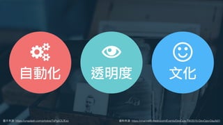 圖⽚來源: https://unsplash.com/photos/7sPg5OLfExc 資料來源: https://channel9.msdn.com/Events/DevOps-TW/2015-DevOps-Day/b01
自動化 文化透明度
 