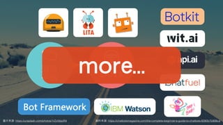 圖⽚來源: https://unsplash.com/photos/1rZcfdsjoR4
Bots溝通
平台
資料來源: https://chatbotsmagazine.com/the-complete-beginner-s-guide-to-chatbots-8280b7b906ca
more…
 