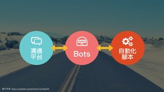 圖⽚來源: https://unsplash.com/photos/1rZcfdsjoR4
自動化
腳本Bots溝通
平台
 