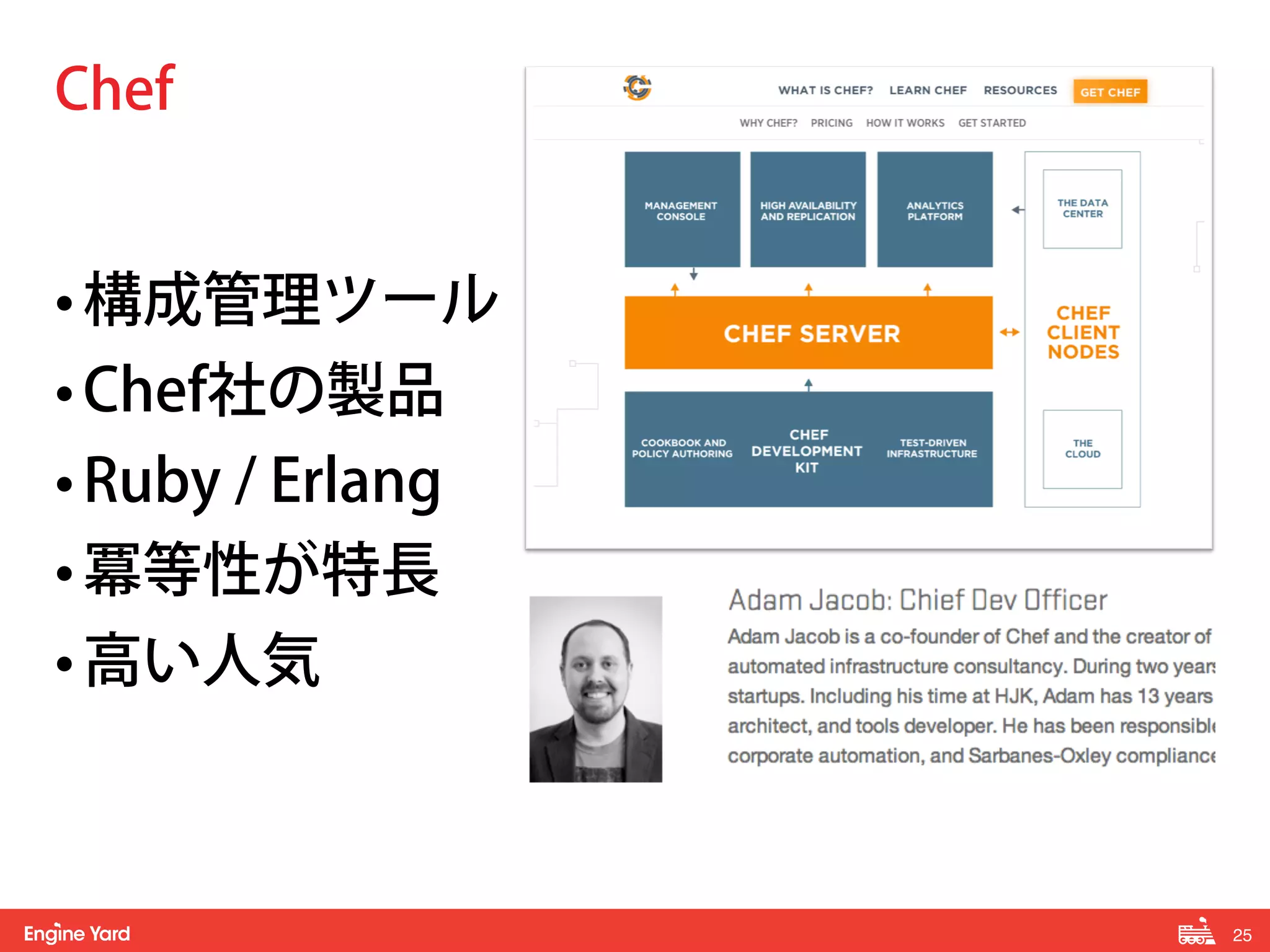 25! 
Chef 
• 構成管理ツール 
• Chef社の製品 
• Ruby / Erlang 
• 冪等性が特長 
• 高い人気 
 