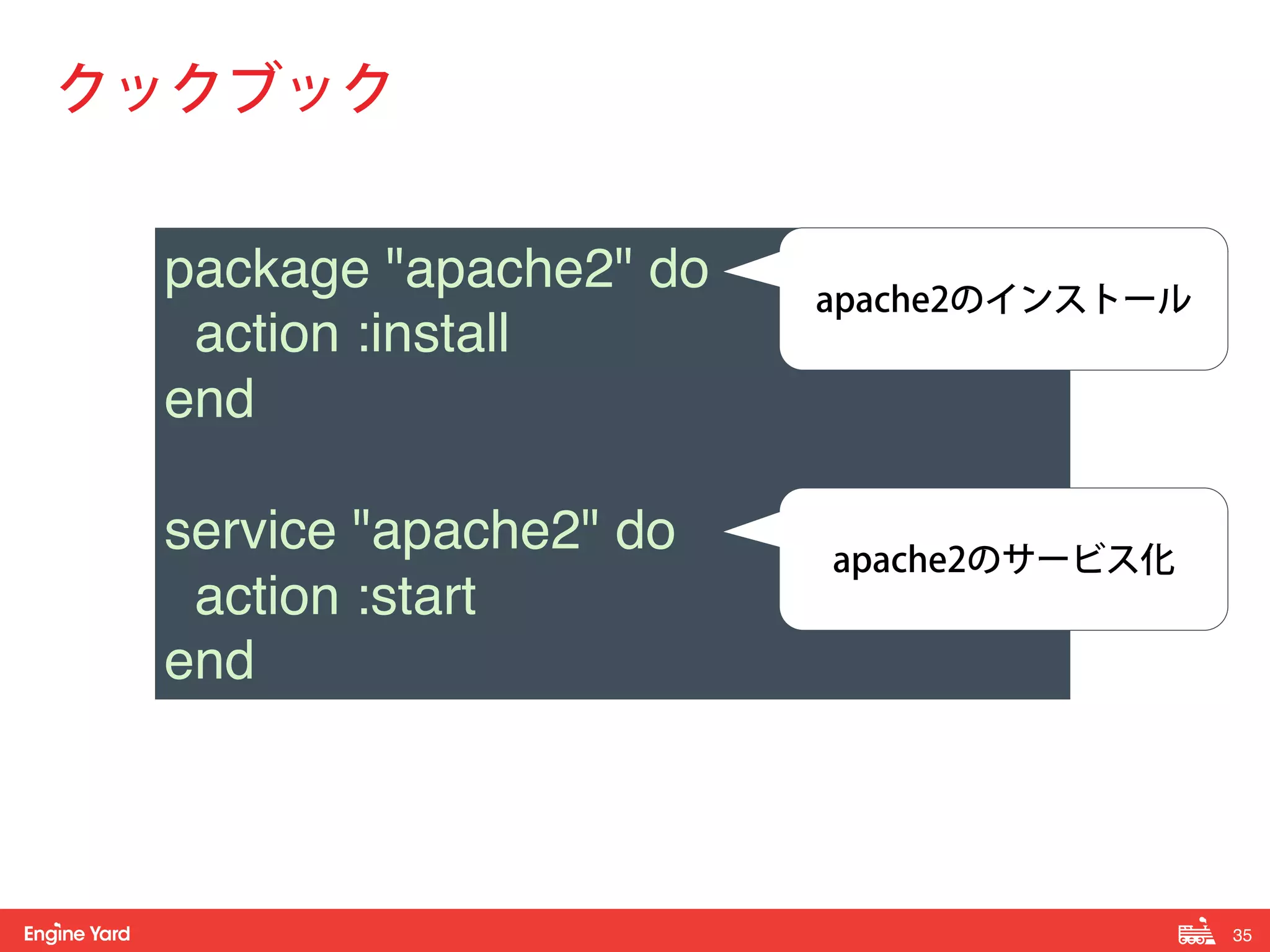 35! 
クックブック 
package apache2 do! 
action :install! 
end! 
! 
service apache2 do! 
action :start! 
end 
apache2のインストール 
apache2のサービス化 
 
