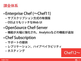 27! 
課金体系 
• Enterprise Chef (～Chef11) 
‒ サブスクリプション方式の有償版 
‒ OSSよりもリッチなWeb UI 
• OpenSource Chef-Server 
‒ 機能が大幅に強化され、Analyticsなどの機能が追加 
• Chef Subscription 
‒ サポートの提供 
‒ レプリケーション、ハイアベイラビリティ 
‒ ホスティング 
Chef12～ 
 