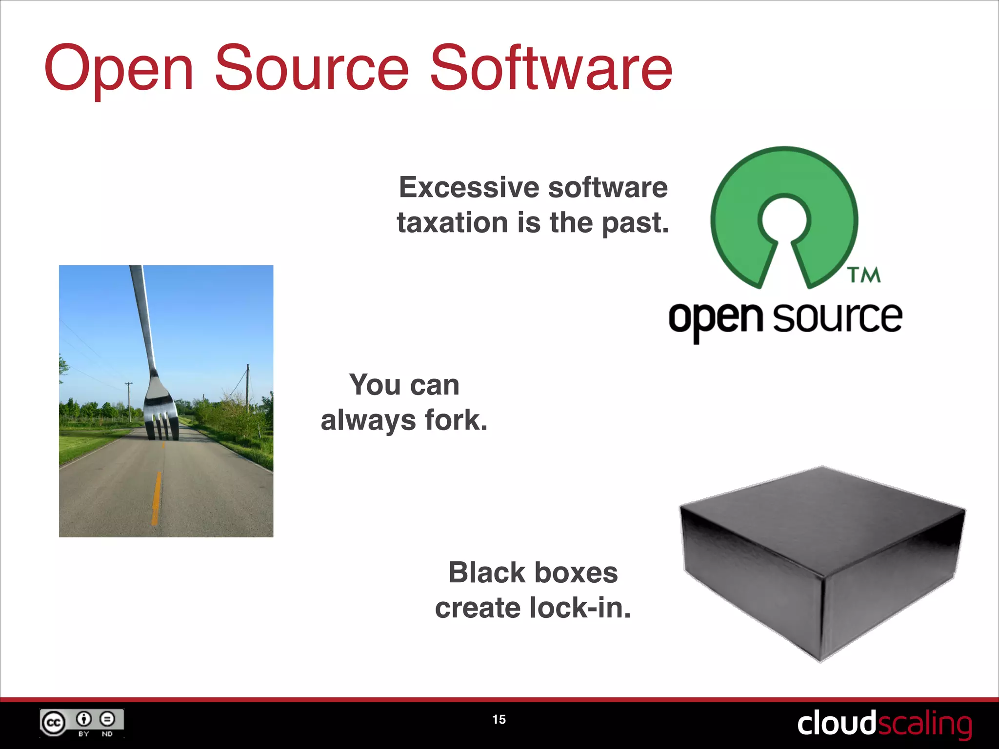 Open Source Software
15
Excessive software
taxation is the past.
Black boxes
create lock-in.
You can !
always fork.
 