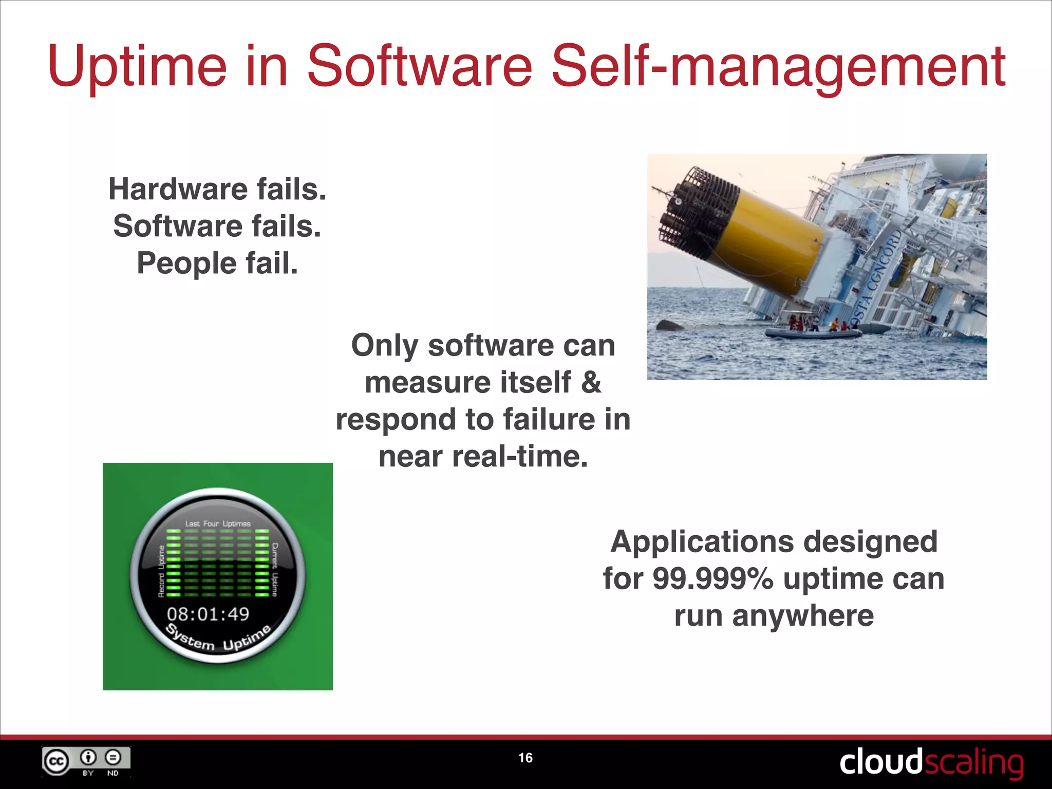 Uptime in Software Self-management
16
Hardware fails.!
Software fails.!
People fail.
Only software can
measure itself &
respond to failure in
near real-time.
Applications designed
for 99.999% uptime can
run anywhere
 