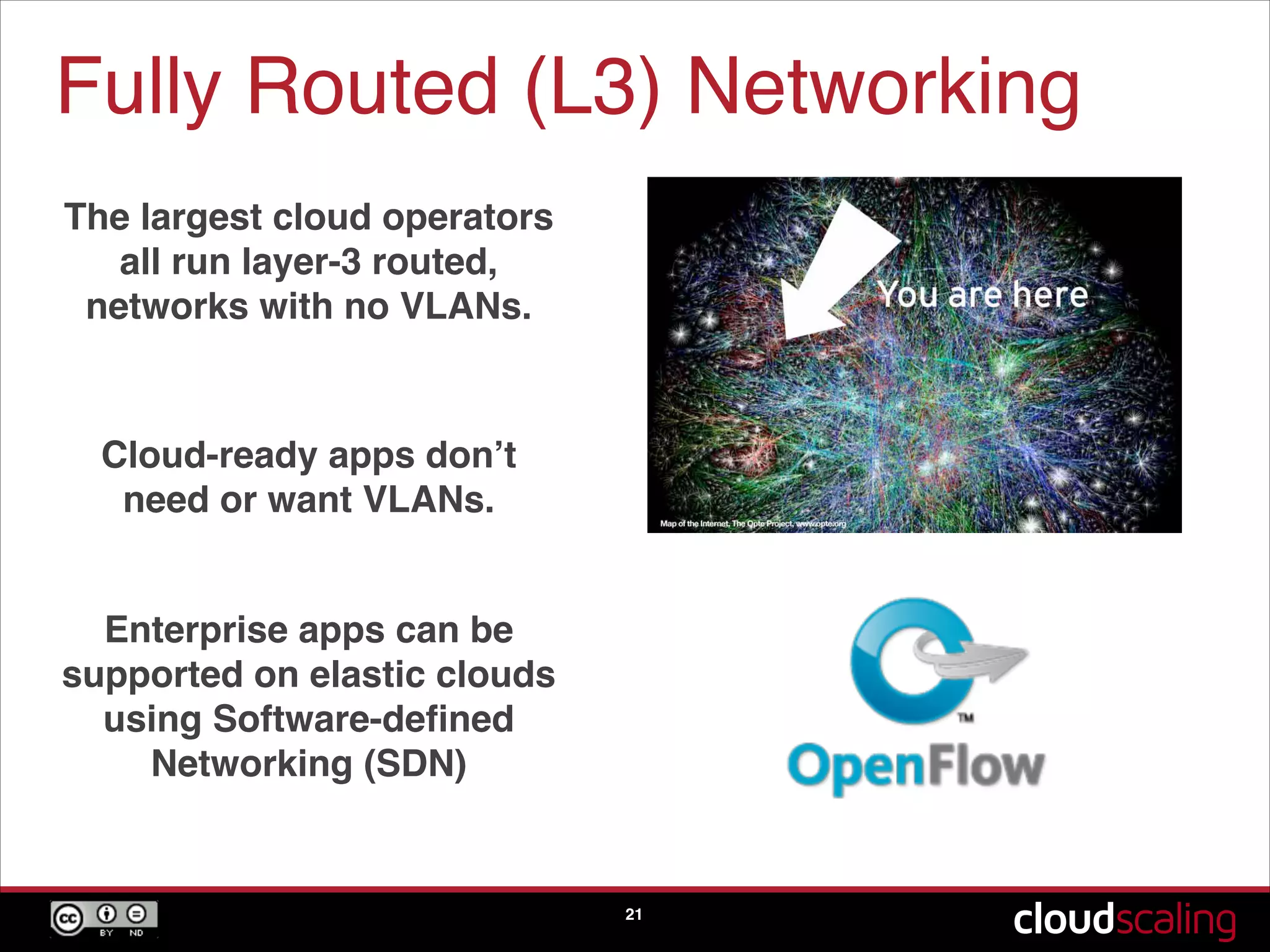 Fully Routed (L3) Networking
21
The largest cloud operators
all run layer-3 routed,
networks with no VLANs.
Cloud-ready apps don’t
need or want VLANs.
Enterprise apps can be
supported on elastic clouds
using Software-deﬁned
Networking (SDN)
 