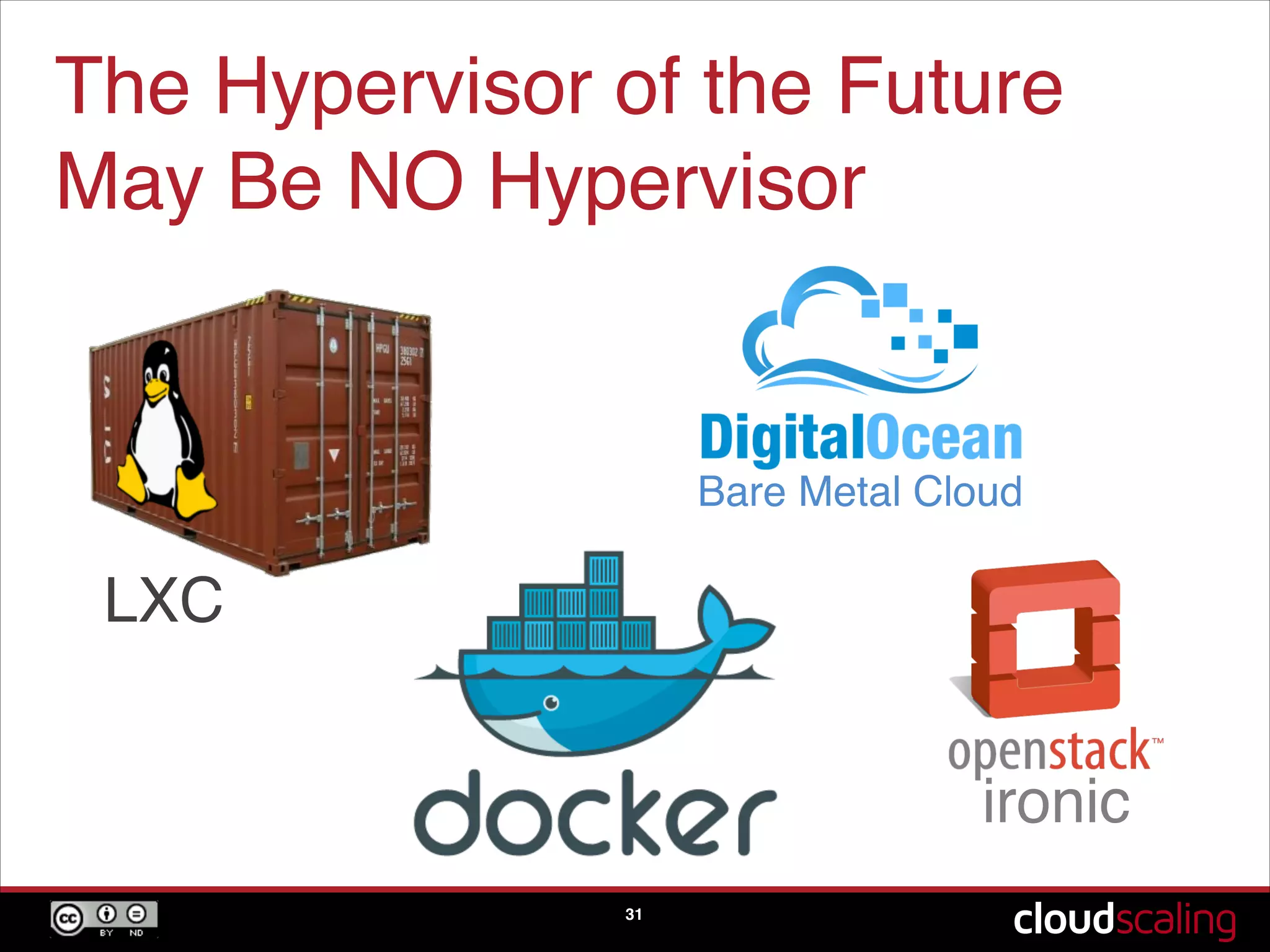 The Hypervisor of the Future  
May Be NO Hypervisor
31
LXC
ironic
Bare Metal Cloud
 