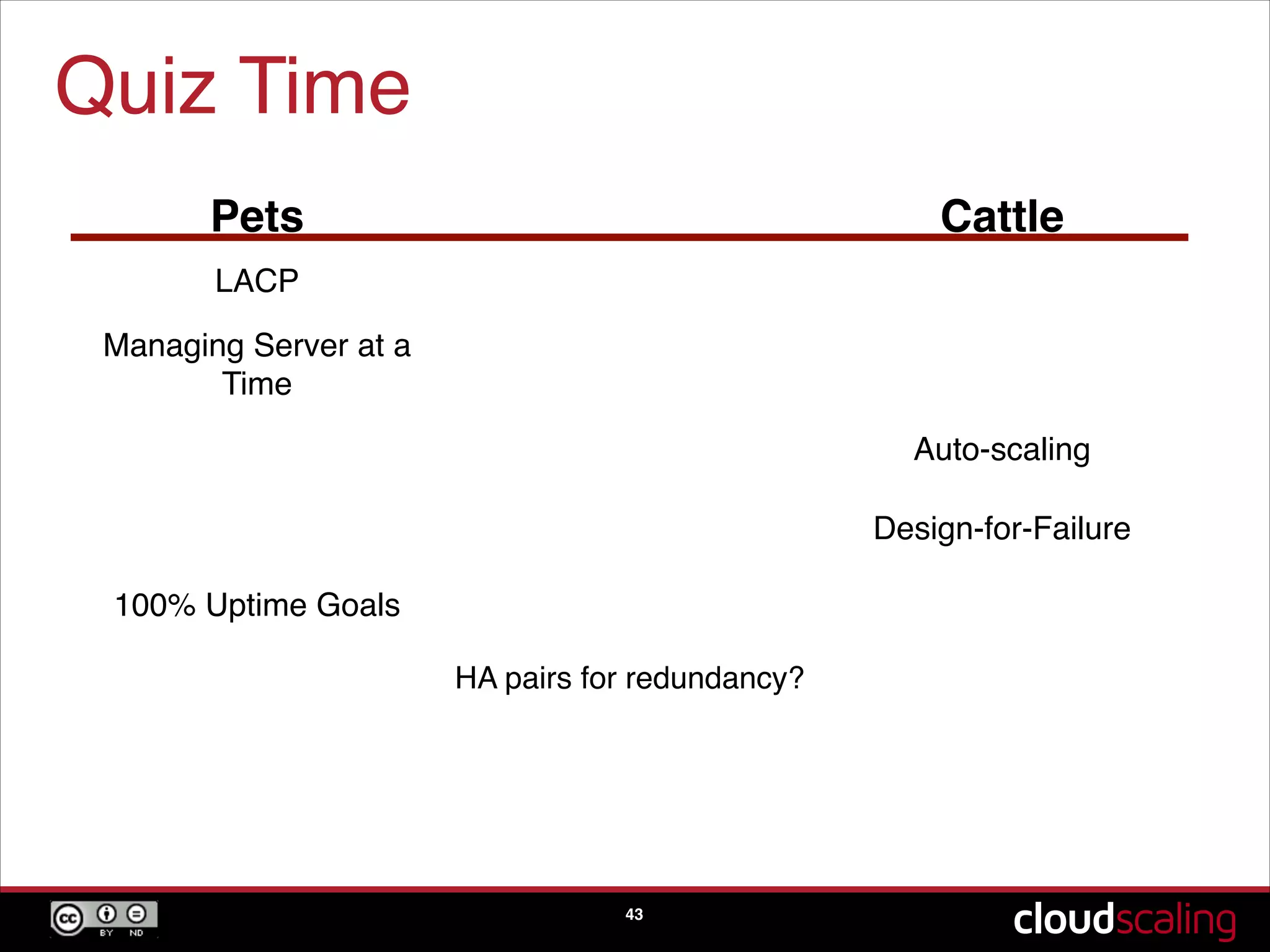 Quiz Time
43
Pets Cattle
NIC bonding
Managing Server at a
Time
Auto-scaling
Design-for-Failure
100% Uptime Goals
HA pairs for redundancy?
 
